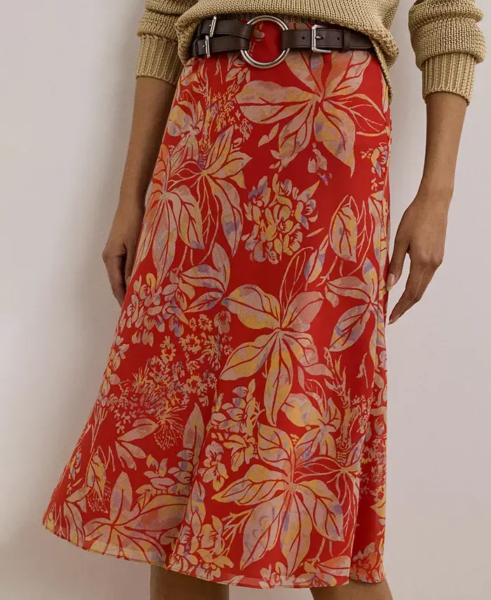 Alfani Lauren Ralph Lauren Women's Floral Crinkle Georgette Midi Skirt Women's Fashion Shoes & Accessories