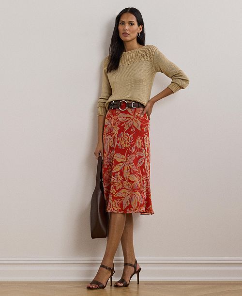 alfani Lauren Ralph Lauren Women's Floral Crinkle Georgette Midi Skirt Women's Fashion Shoes & Accessories