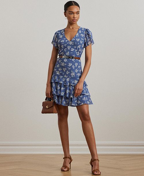 alfani Lauren Ralph Lauren Women's Floral Georgette Drop-Waist Dress Women's Fashion Shoes & Accessories