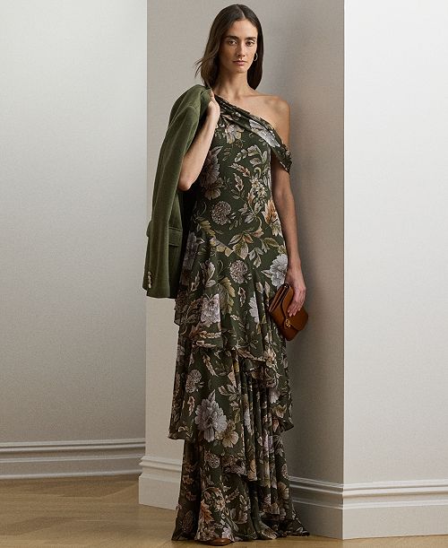 alfani Lauren Ralph Lauren Women's Floral Georgette One-Shoulder Gown Women's Fashion Shoes & Accessories