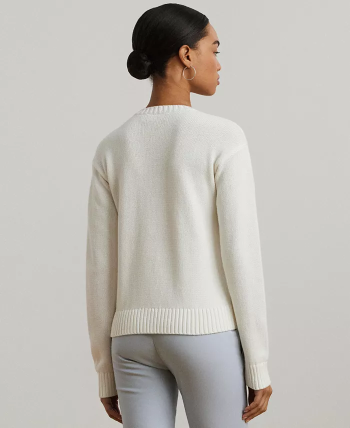 Alfani Lauren Ralph Lauren Women's Floral-Logo Combed Cotton Sweater Women's Fashion Shoes & Accessories