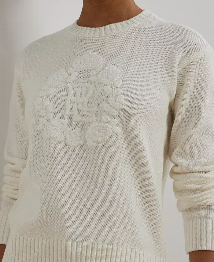 Alfani Lauren Ralph Lauren Women's Floral-Logo Combed Cotton Sweater Women's Fashion Shoes & Accessories