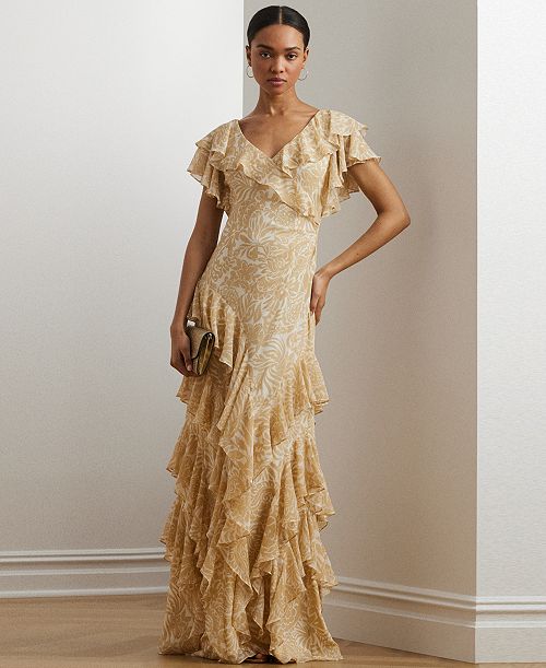 alfani Lauren Ralph Lauren Women's Floral Ruffle-Trim Georgette Gown Women's Fashion Shoes & Accessories