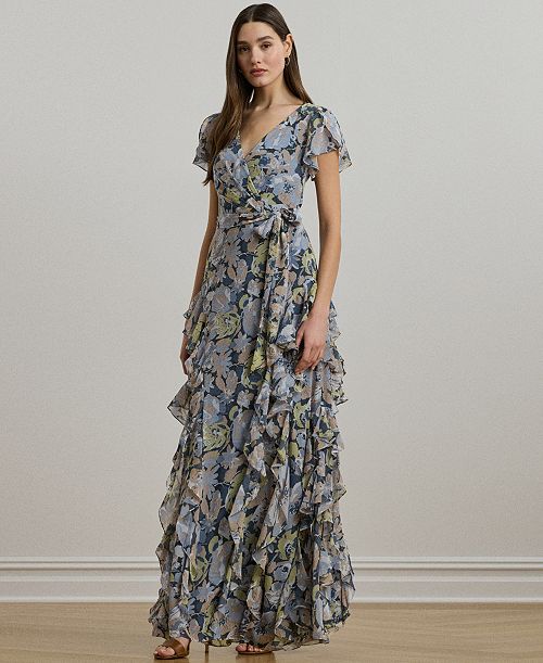 alfani Lauren Ralph Lauren Women's Floral Ruffle-Trim Georgette Gown Women's Fashion Shoes & Accessories