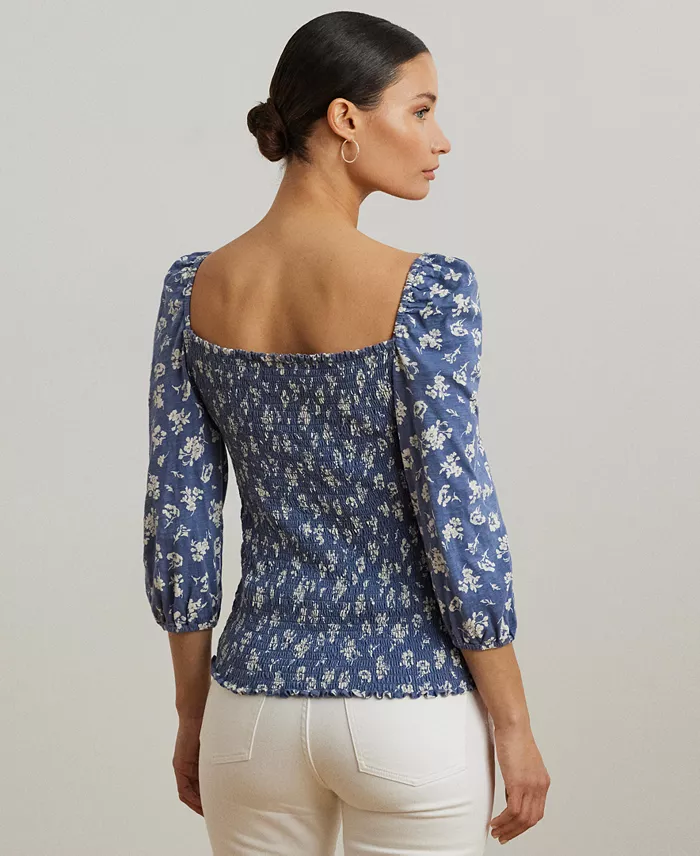 Alfani Lauren Ralph Lauren Women's Floral Slub Jersey Puff-Sleeve Top Women's Fashion Shoes & Accessories