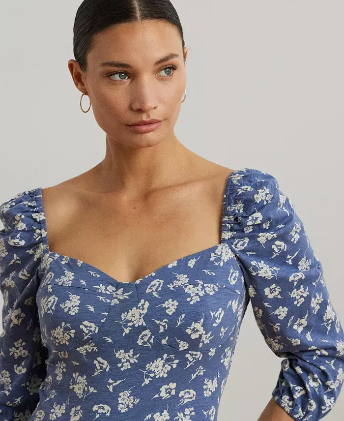Alfani Lauren Ralph Lauren Women's Floral Slub Jersey Puff-Sleeve Top Women's Fashion Shoes & Accessories