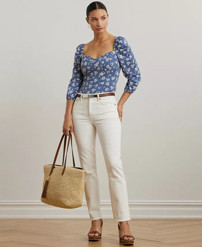 Alfani Lauren Ralph Lauren Women's Floral Slub Jersey Puff-Sleeve Top Women's Fashion Shoes & Accessories
