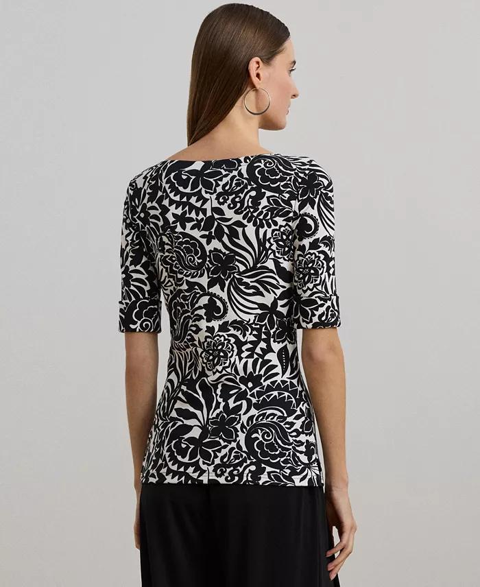 Alfani Lauren Ralph Lauren Women's Floral Stretch Cotton Boatneck Tee Women's Fashion Shoes & Accessories