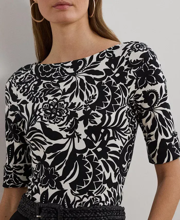 Alfani Lauren Ralph Lauren Women's Floral Stretch Cotton Boatneck Tee Women's Fashion Shoes & Accessories