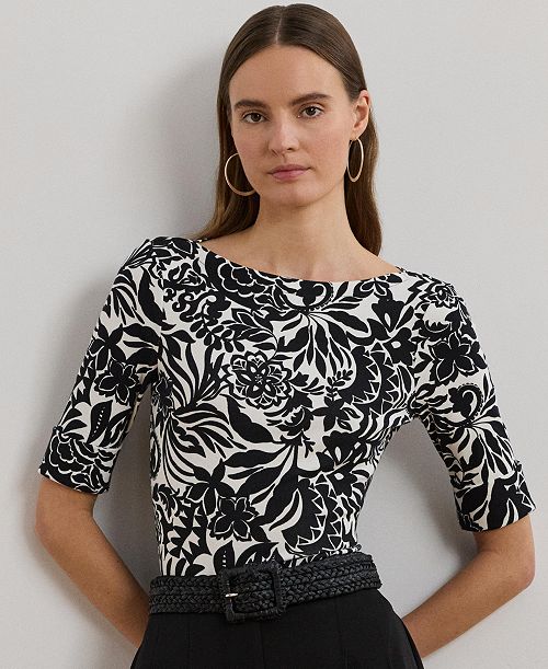 alfani Lauren Ralph Lauren Women's Floral Stretch Cotton Boatneck Tee Women's Fashion Shoes & Accessories