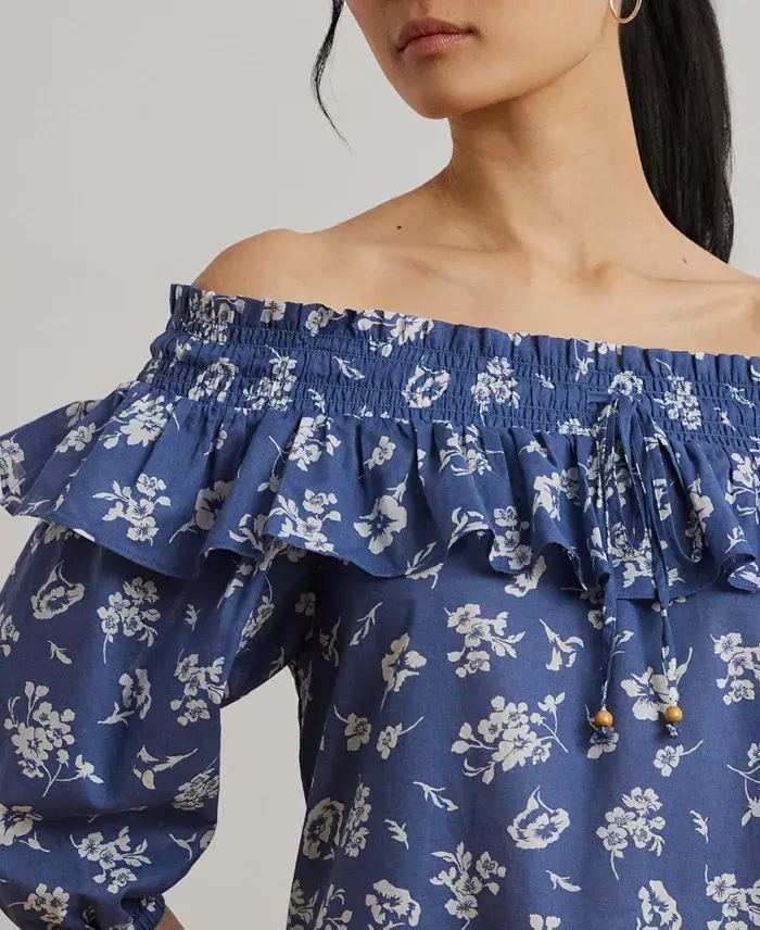 Alfani Lauren Ralph Lauren Women's Floral Voile Off-the-Shoulder Blouse Women's Fashion Shoes & Accessories