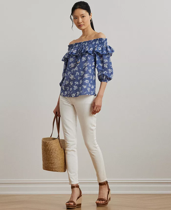 Alfani Lauren Ralph Lauren Women's Floral Voile Off-the-Shoulder Blouse Women's Fashion Shoes & Accessories