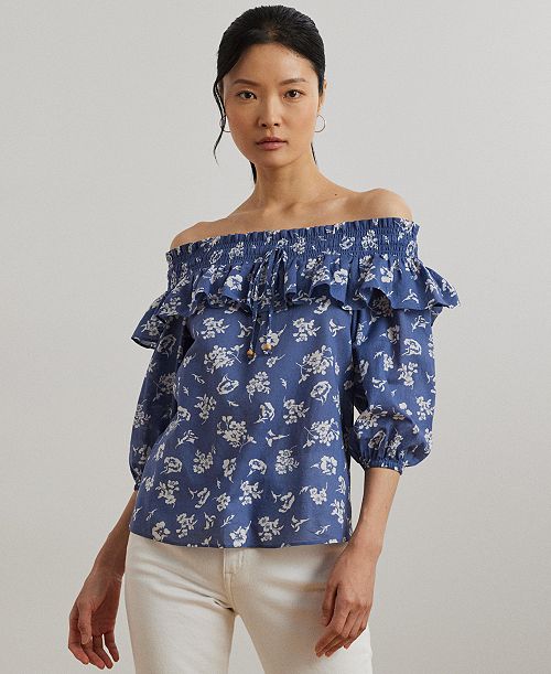 alfani Lauren Ralph Lauren Women's Floral Voile Off-the-Shoulder Blouse Women's Fashion Shoes & Accessories