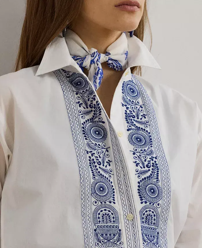 Alfani Lauren Ralph Lauren Women's Geo-Embroidered Cotton Broadcloth Shirt Women's Fashion Shoes & Accessories