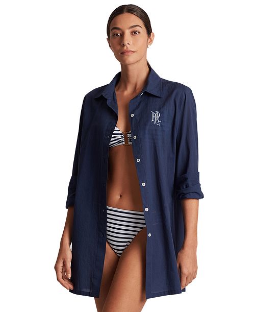 alfani Lauren Ralph Lauren Women's Logo Embroidered Shirt Swim Cover-Up Women's Fashion Shoes & Accessories