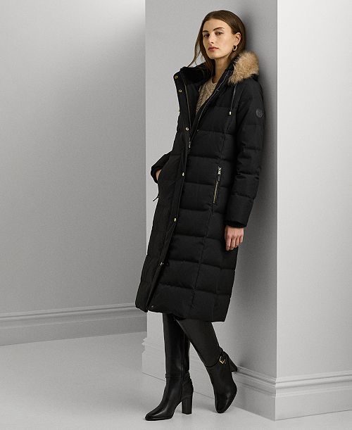 alfani Lauren Ralph Lauren Women's Maxi Faux-Fur-Trimmed Hooded Puffer Coat Women's Fashion Shoes & Accessories