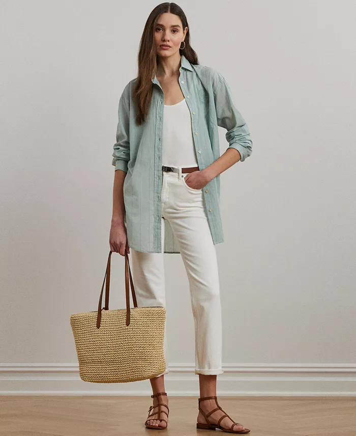 Alfani Lauren Ralph Lauren Women's Oversize Striped Cotton Voile Shirt Women's Fashion Shoes & Accessories