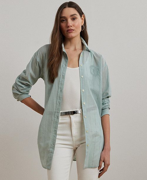 alfani Lauren Ralph Lauren Women's Oversize Striped Cotton Voile Shirt Women's Fashion Shoes & Accessories
