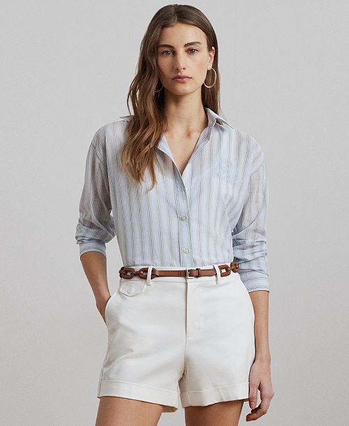 alfani Lauren Ralph Lauren Women's Oversize Striped Cotton Broadcloth Shirt Women's Fashion Shoes & Accessories