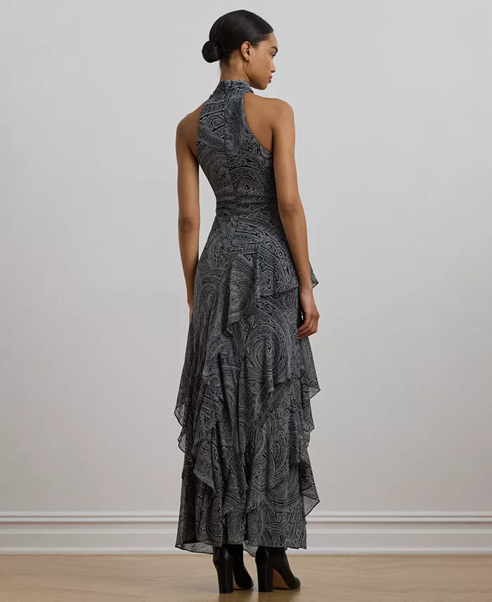Alfani Lauren Ralph Lauren Women's Paisley Belted Georgette Tiered Gown Women's Fashion Shoes & Accessories