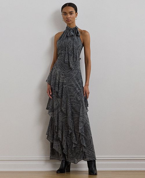alfani Lauren Ralph Lauren Women's Paisley Belted Georgette Tiered Gown Women's Fashion Shoes & Accessories