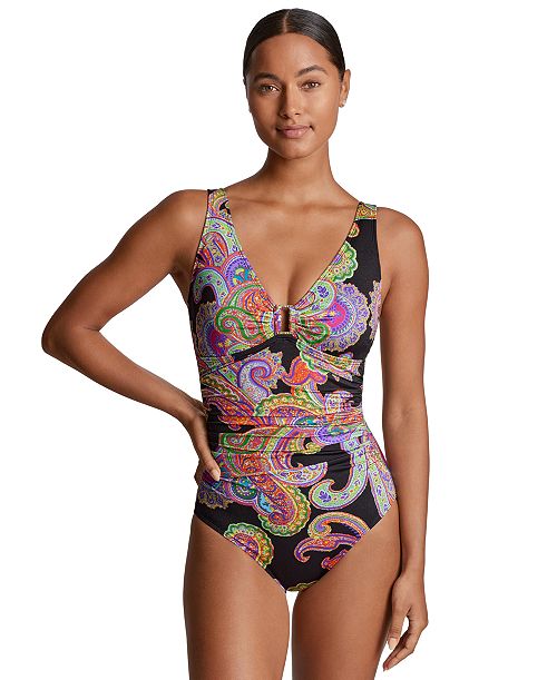alfani Lauren Ralph Lauren Women's Paisley-Print Ruched One-Piece Swimsuit Women's Fashion Shoes & Accessories
