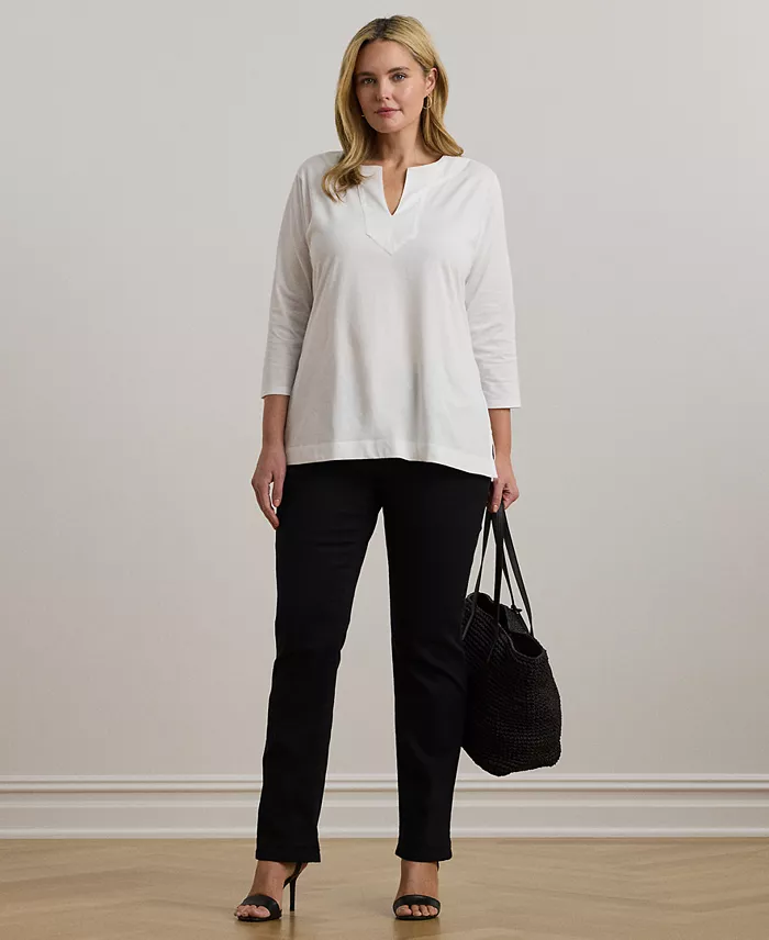 Alfani Lauren Ralph Lauren Women's Plus Size Split-Neck Three-Quarter Sleeve Cotton Tunic Women's Fashion Shoes & Accessories