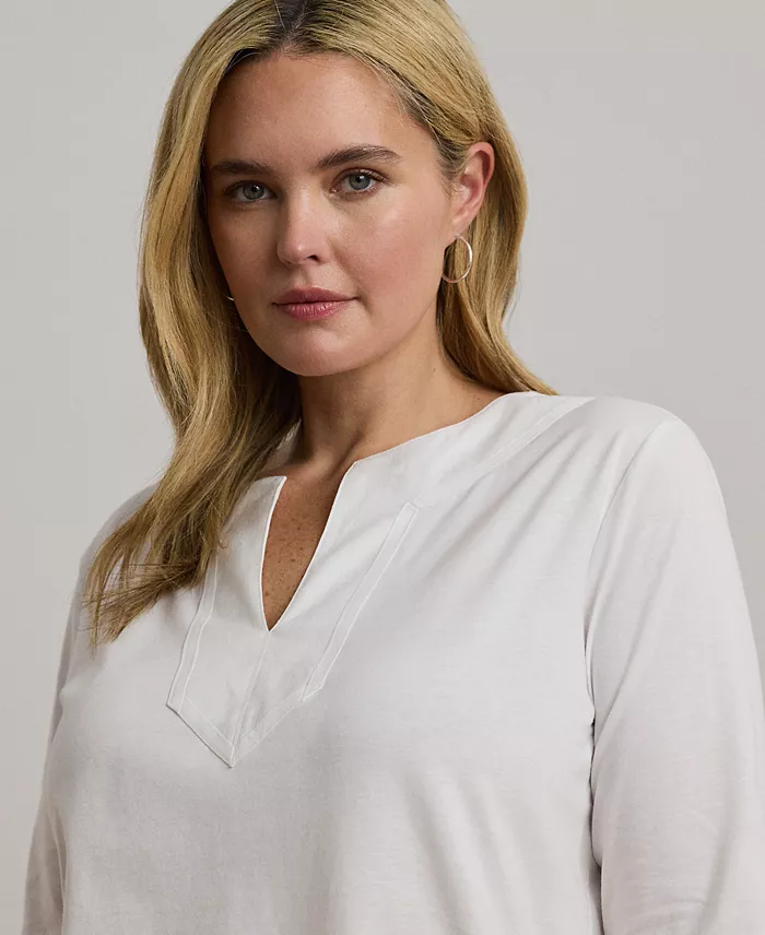 Alfani Lauren Ralph Lauren Women's Plus Size Split-Neck Three-Quarter Sleeve Cotton Tunic Women's Fashion Shoes & Accessories