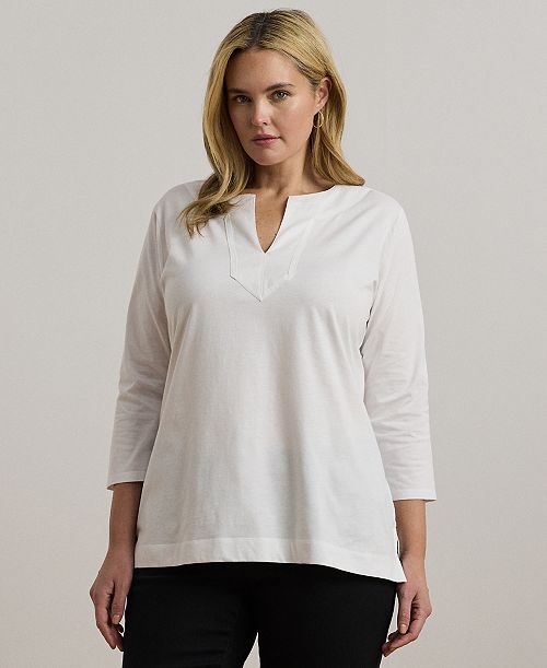 alfani Lauren Ralph Lauren Women's Plus Size Split-Neck Three-Quarter Sleeve Cotton Tunic Women's Fashion Shoes & Accessories