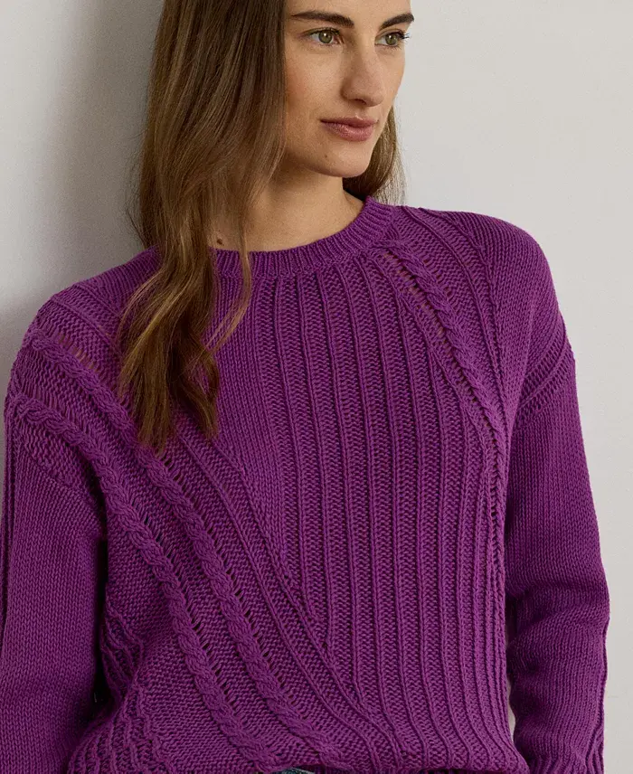 Alfani Lauren Ralph Lauren Women's Pointelle-Knit Cotton Crewneck Sweater Women's Fashion Shoes & Accessories