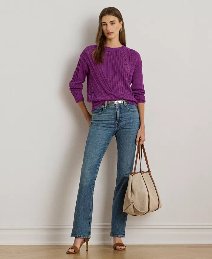 Alfani Lauren Ralph Lauren Women's Pointelle-Knit Cotton Crewneck Sweater Women's Fashion Shoes & Accessories