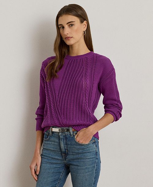 alfani Lauren Ralph Lauren Women's Pointelle-Knit Cotton Crewneck Sweater Women's Fashion Shoes & Accessories