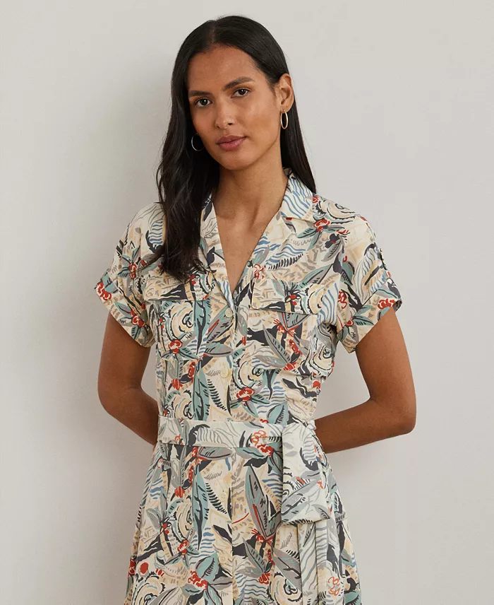 Alfani Lauren Ralph Lauren Women's Print Belted Crepe Camp Shirtdress Regular & Petite Women's Fashion Shoes & Accessories