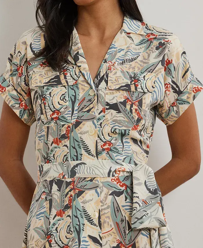 Alfani Lauren Ralph Lauren Women's Print Belted Crepe Camp Shirtdress Regular & Petite Women's Fashion Shoes & Accessories