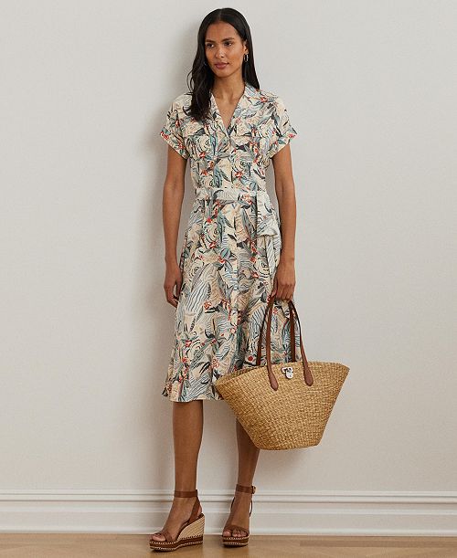alfani Lauren Ralph Lauren Women's Print Belted Crepe Camp Shirtdress Regular & Petite Women's Fashion Shoes & Accessories