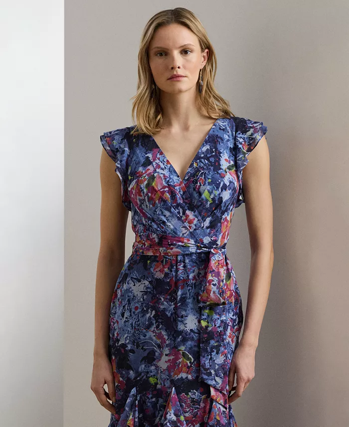 Alfani Lauren Ralph Lauren Women's Print Ruffle-Trim Crinkle Georgette Gown Women's Fashion Shoes & Accessories