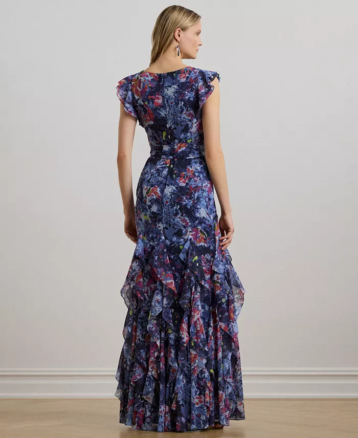 Alfani Lauren Ralph Lauren Women's Print Ruffle-Trim Crinkle Georgette Gown Women's Fashion Shoes & Accessories