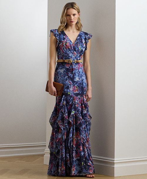 alfani Lauren Ralph Lauren Women's Print Ruffle-Trim Crinkle Georgette Gown Women's Fashion Shoes & Accessories