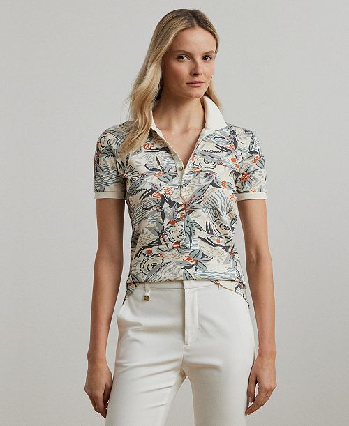 alfani Lauren Ralph Lauren Women's Print Stretch Piqué Polo Shirt Women's Fashion Shoes & Accessories