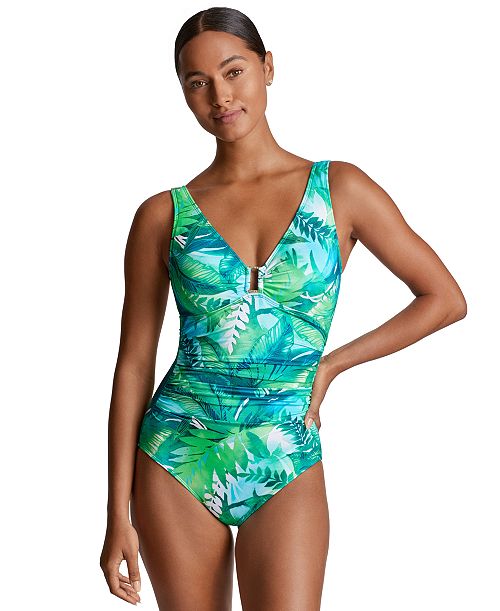 alfani Lauren Ralph Lauren Women's Printed Square-Ring One-Piece Swimsuit Women's Fashion Shoes & Accessories