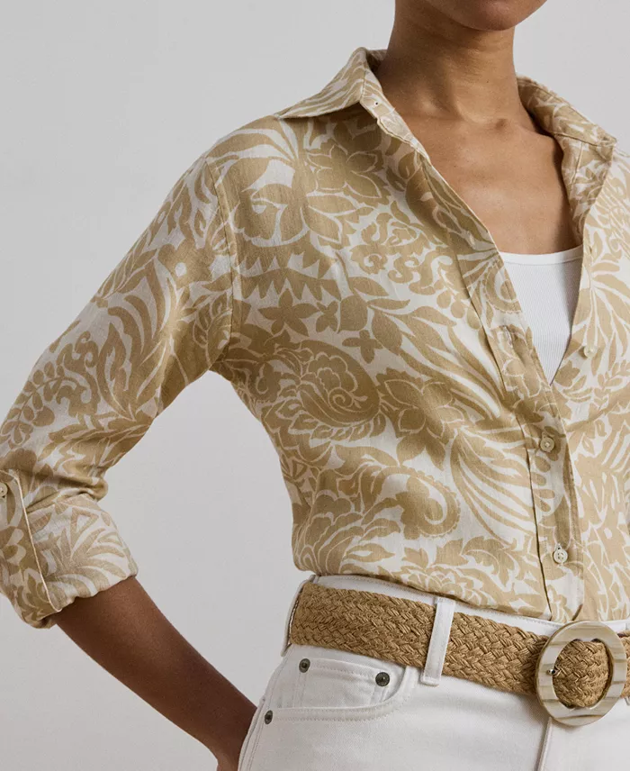 Alfani Lauren Ralph Lauren Women's Relaxed-Fit Floral Linen Shirt Regular & Petite Women's Fashion Shoes & Accessories