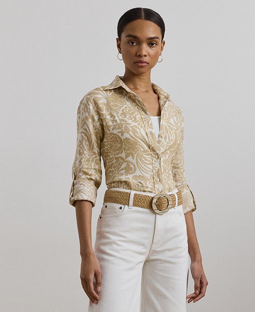 alfani Lauren Ralph Lauren Women's Relaxed-Fit Floral Linen Shirt Regular & Petite Women's Fashion Shoes & Accessories