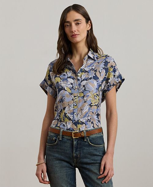 alfani Lauren Ralph Lauren Women's Relaxed-Fit Floral Short-Sleeve Shirt Regular & Petite Women's Fashion Shoes & Accessories