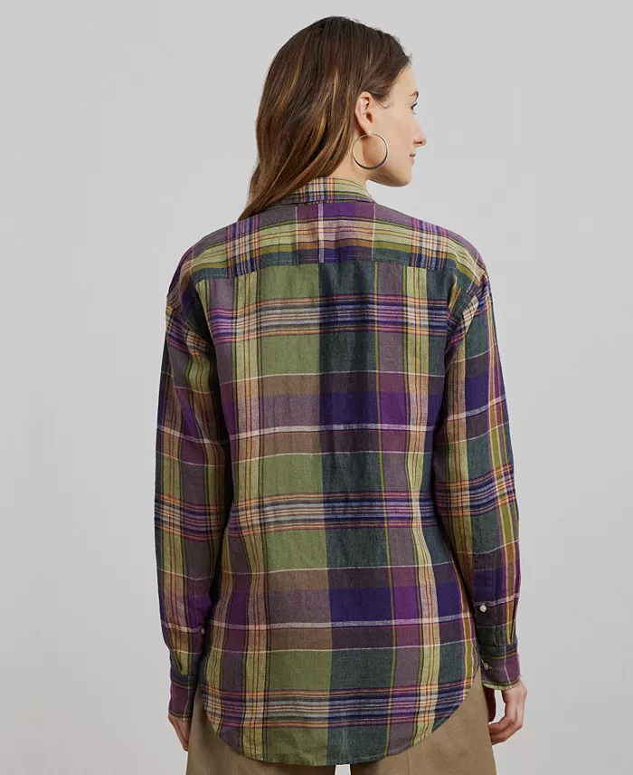 Alfani Lauren Ralph Lauren Women's Relaxed-Fit Plaid Linen Shirt Regular & Petite Women's Fashion Shoes & Accessories