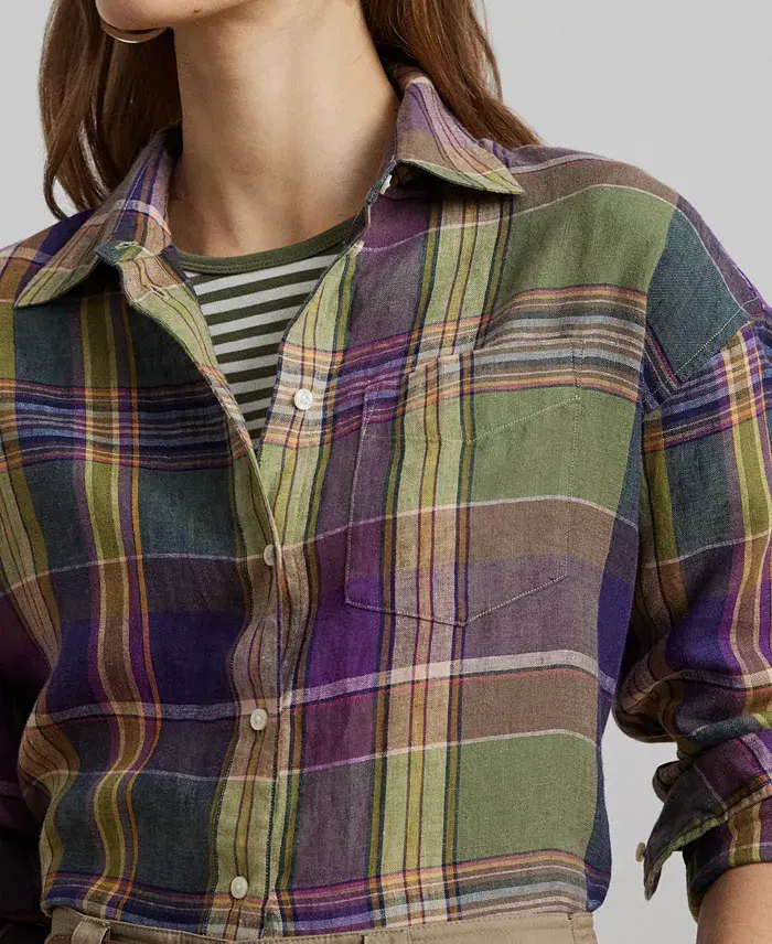 Alfani Lauren Ralph Lauren Women's Relaxed-Fit Plaid Linen Shirt Regular & Petite Women's Fashion Shoes & Accessories