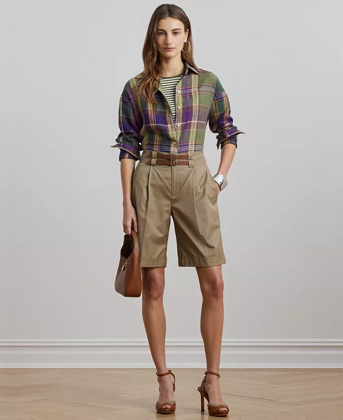 Alfani Lauren Ralph Lauren Women's Relaxed-Fit Plaid Linen Shirt Regular & Petite Women's Fashion Shoes & Accessories