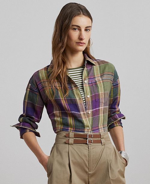 alfani Lauren Ralph Lauren Women's Relaxed-Fit Plaid Linen Shirt Regular & Petite Women's Fashion Shoes & Accessories