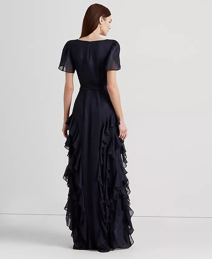Alfani Lauren Ralph Lauren Women's Ruffle-Trim Metallic Chiffon Gown Women's Fashion Shoes & Accessories