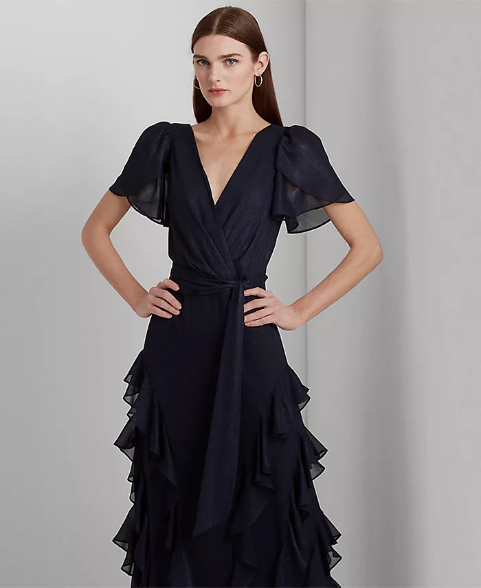 Alfani Lauren Ralph Lauren Women's Ruffle-Trim Metallic Chiffon Gown Women's Fashion Shoes & Accessories