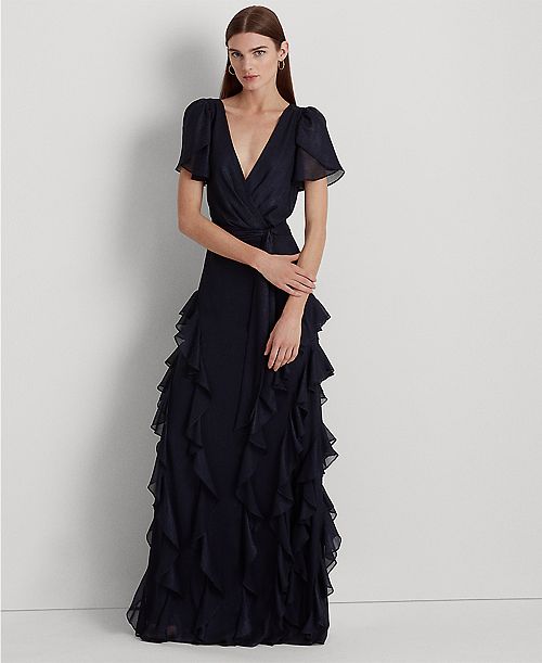 alfani Lauren Ralph Lauren Women's Ruffle-Trim Metallic Chiffon Gown Women's Fashion Shoes & Accessories
